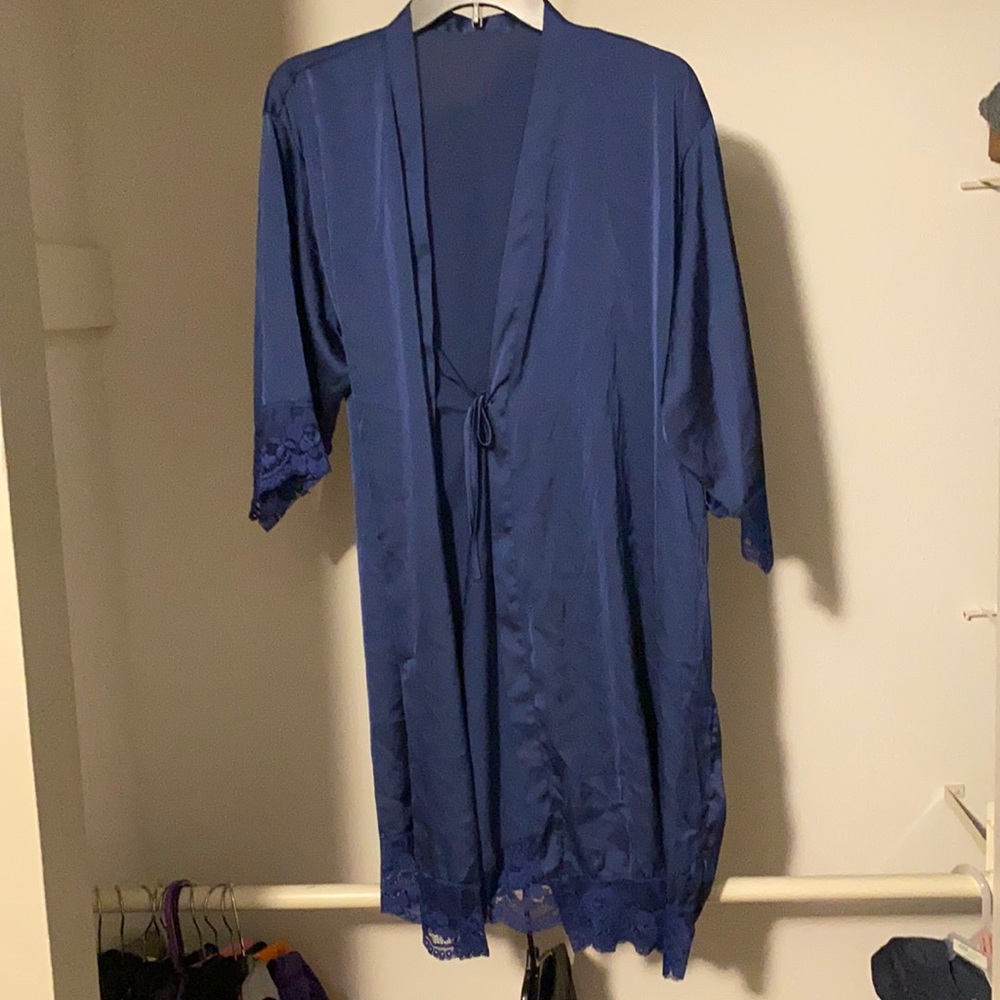 Navy blue silky lace robe
